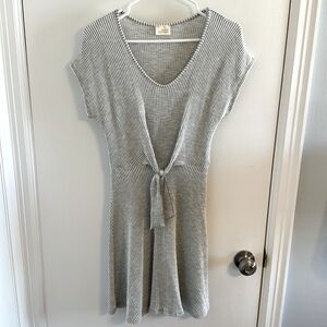 Gray and White Striped Dress with Tie in Front